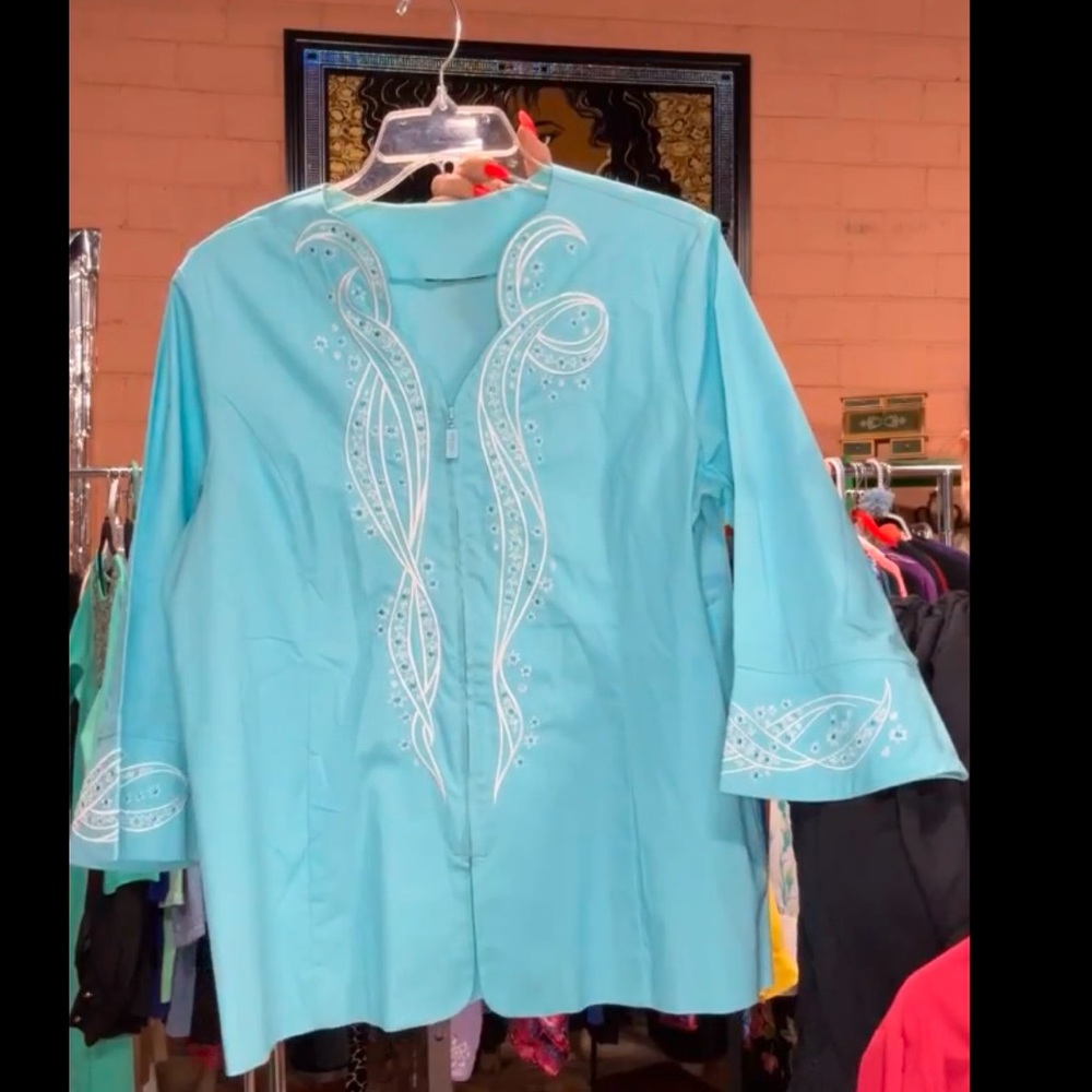 Vintage Bob Mackie baby blue zip down blouse